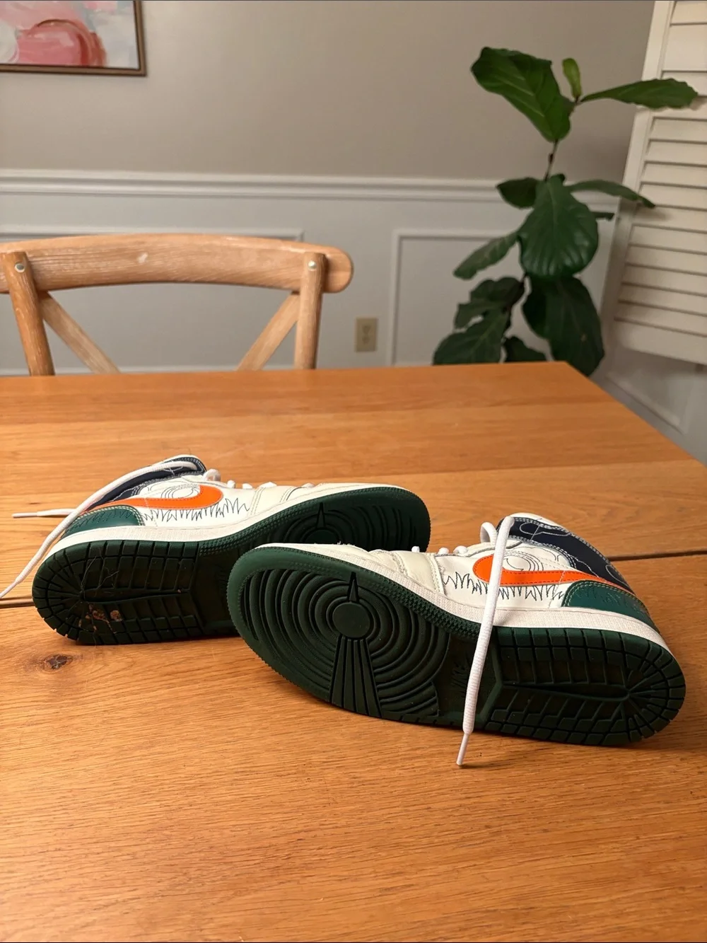 Kids White and Orange Basketball Shoes with Green Accent - Nike High Tops